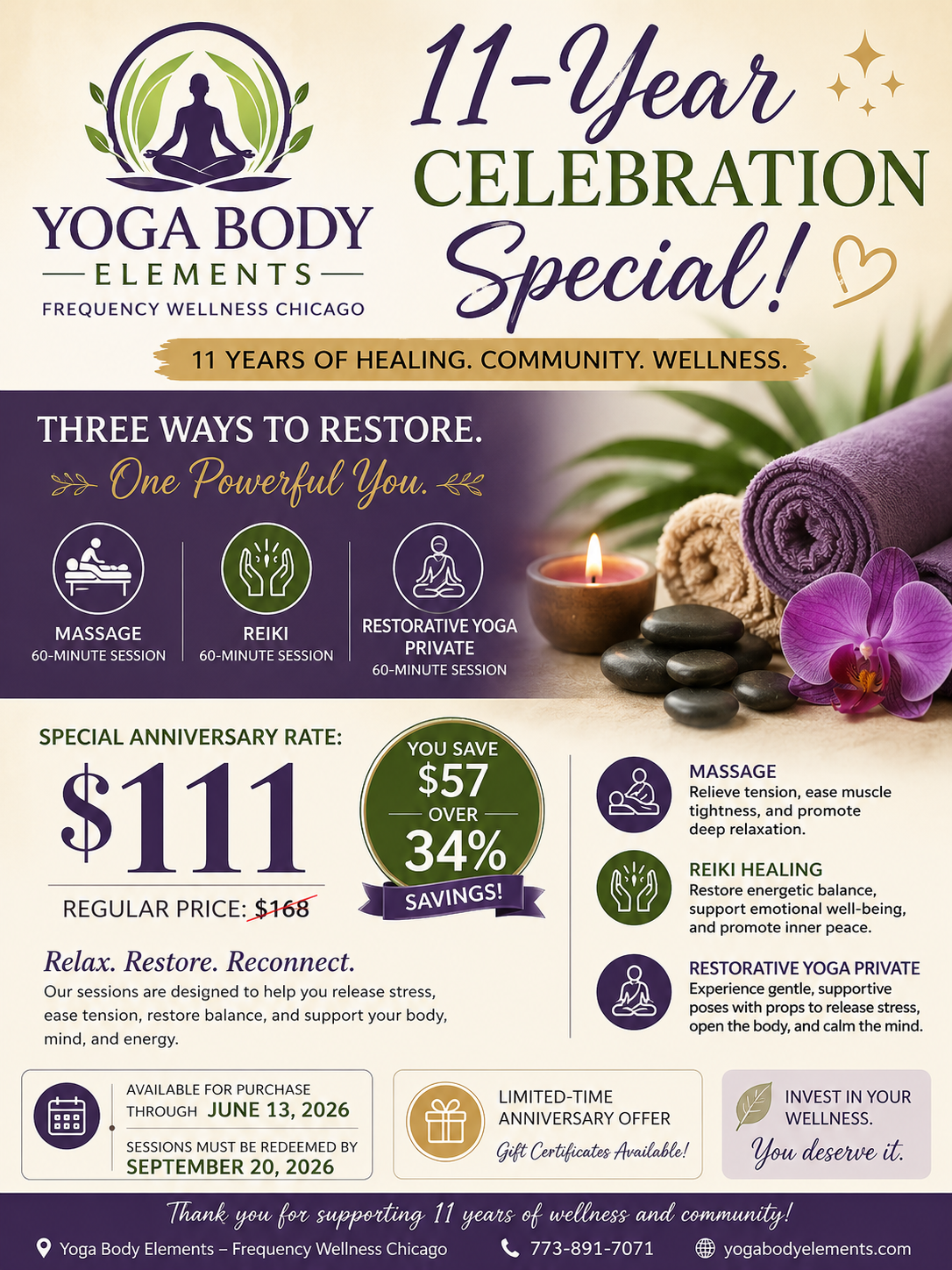11 year anniversary massage Reiki and yoga private 2 Yoga Body Elements Chicago 11-Year Anniversary Special | 60-Minute Massage & Reiki Session for $111 (Save 34%) - Image 1