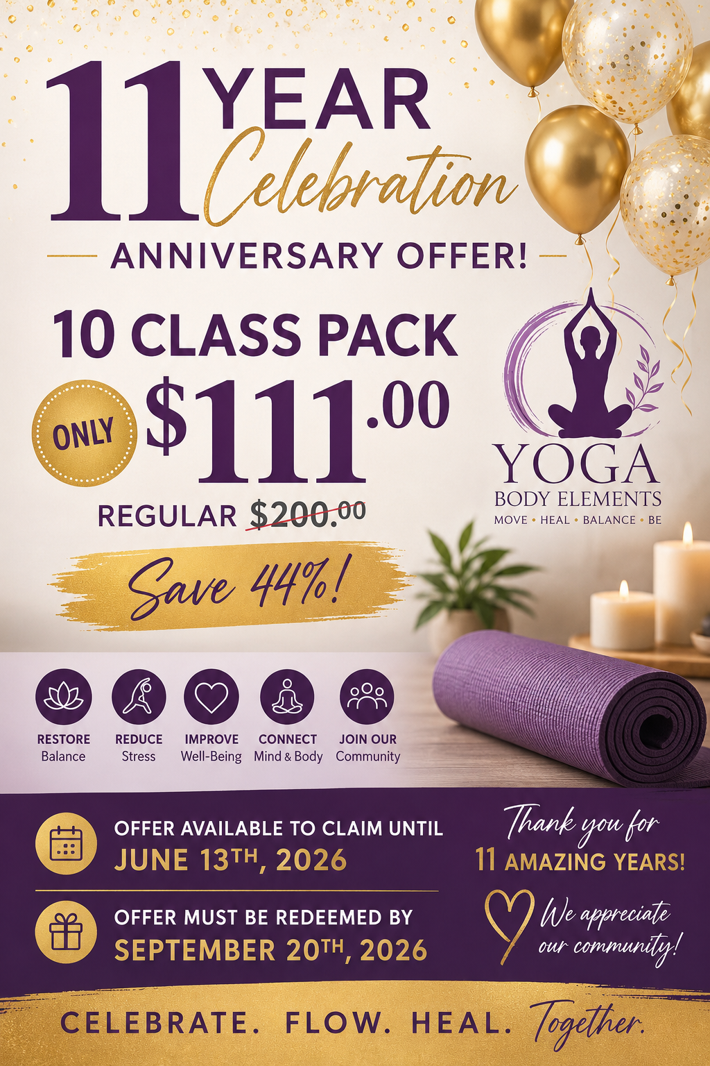 Yoga Body Elements 11 year Yoga Anniversarey Offer Yoga Body Elements Chicago 11-Year Celebration 10 Class Pack Sale - Image 1